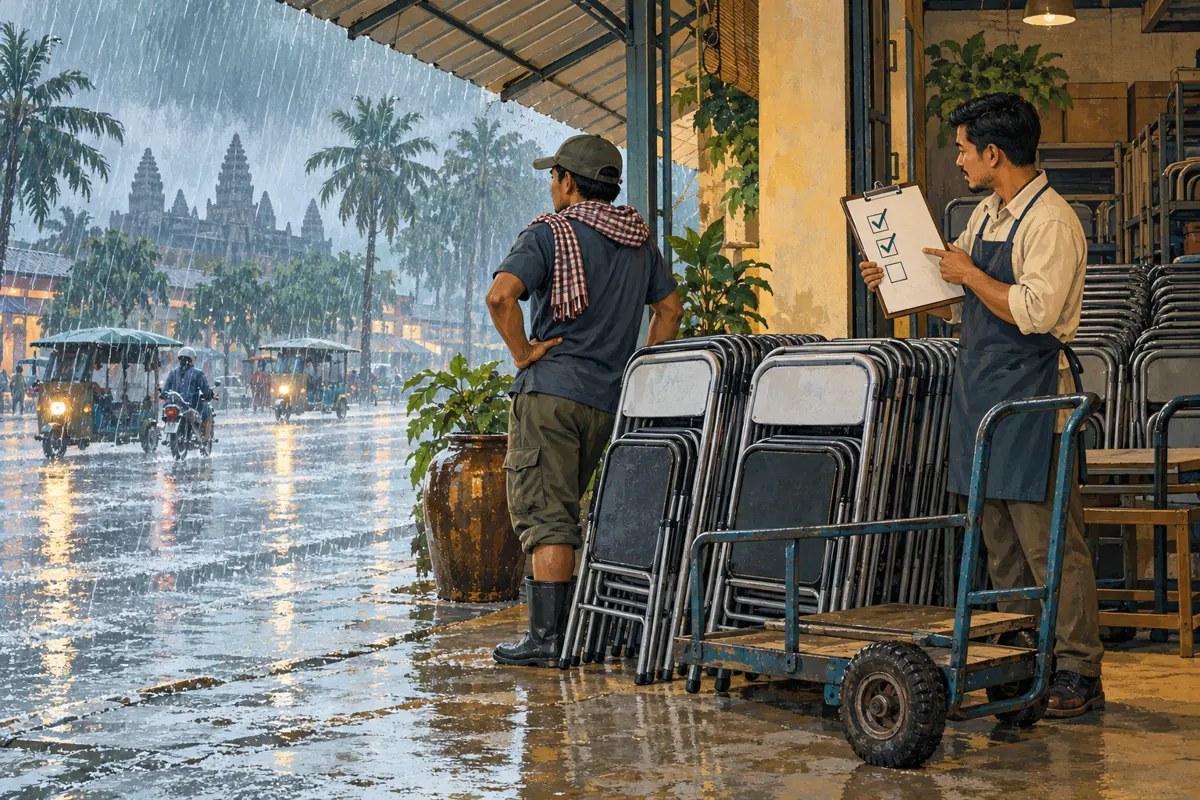 Rental-shop workers review an unfinished checklist item while rain falls outside the covered loading area.