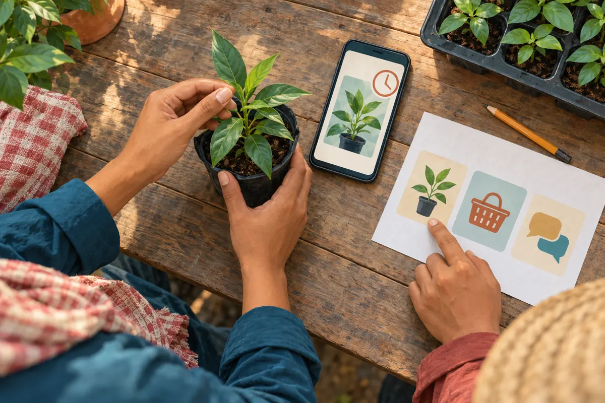 Overhead illustration of nursery staff comparing a seedling with a phone announcement and a pictorial review sheet.