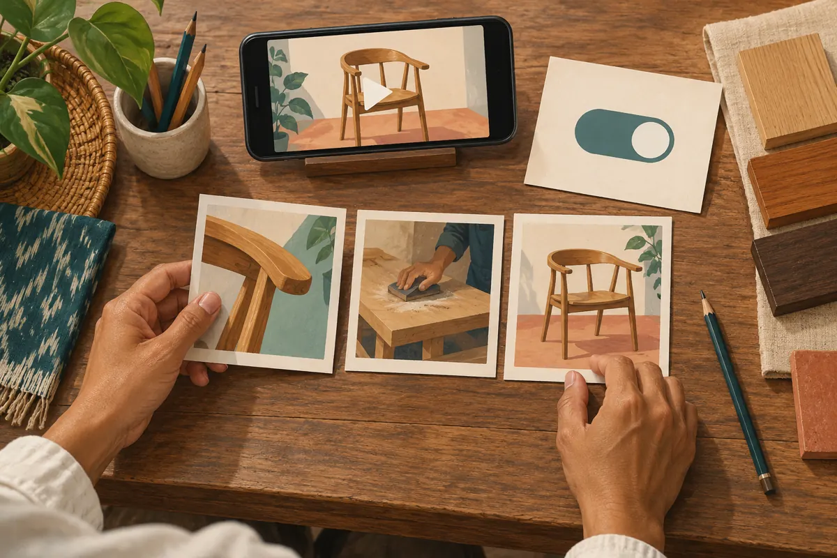 Hands review furniture storyboard cards beside a phone, wood samples and an abstract settings symbol.
