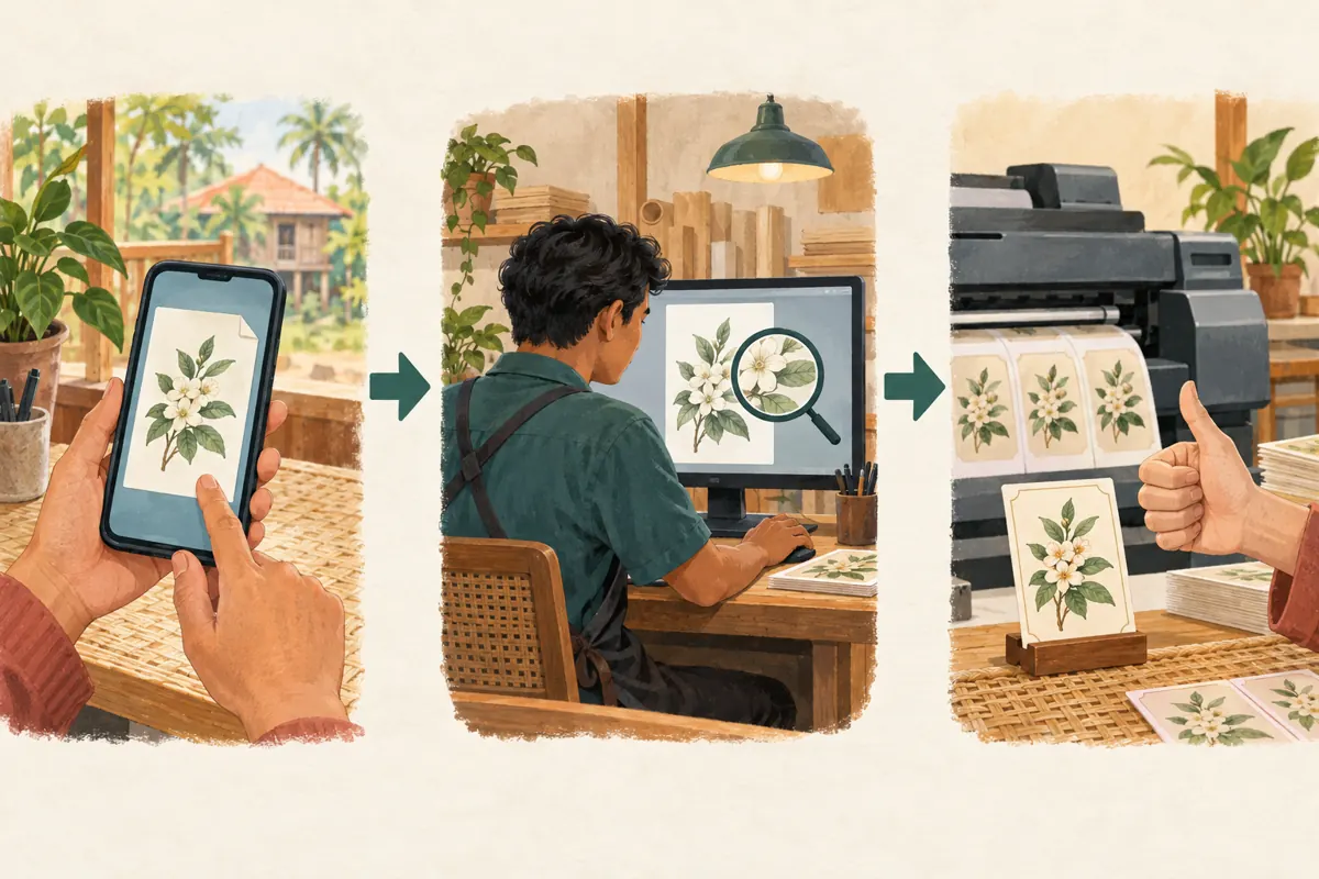 Three illustrated stages show artwork arriving, a worker reviewing it and a customer approving a label proof.