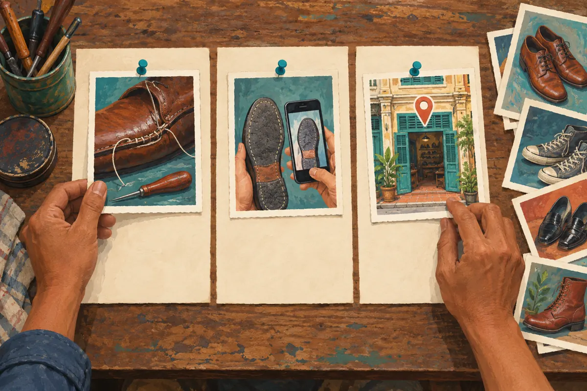 Overhead illustration of hands selecting three cards showing shoe repair, enquiry photography and shop location.