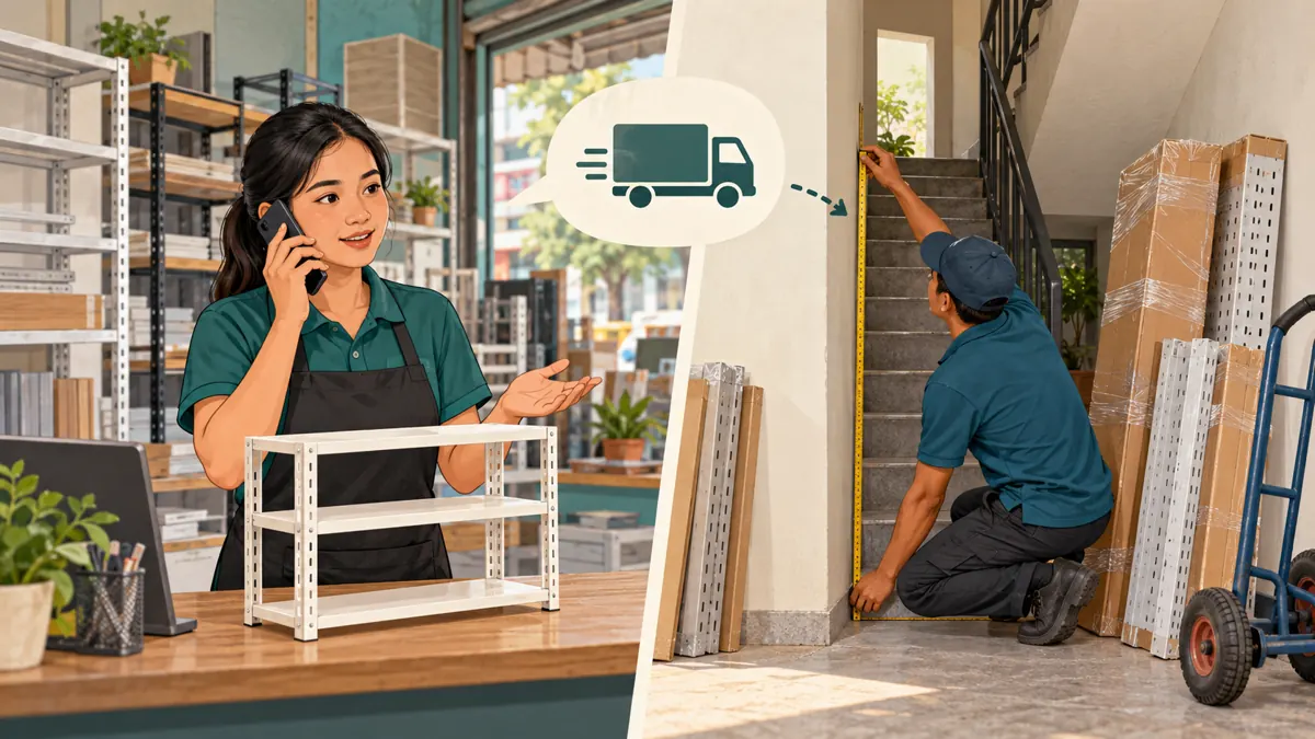 Two-part illustration of a shelving-shop assistant discussing delivery and a worker checking a stairwell beside packed panels.
