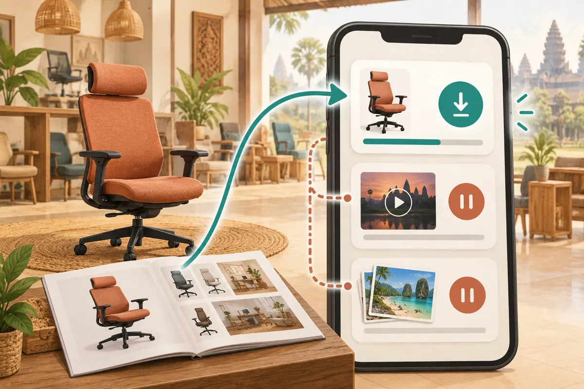 Conceptual phone download queue with a chair catalogue prioritised while video and photo downloads are paused.
