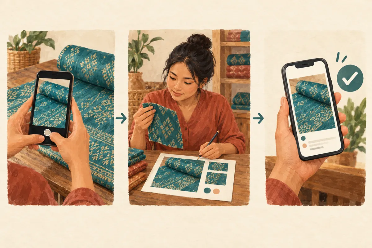 Three illustrated stages show fabric photography, a shop owner reviewing a sample and an approved post on a phone.