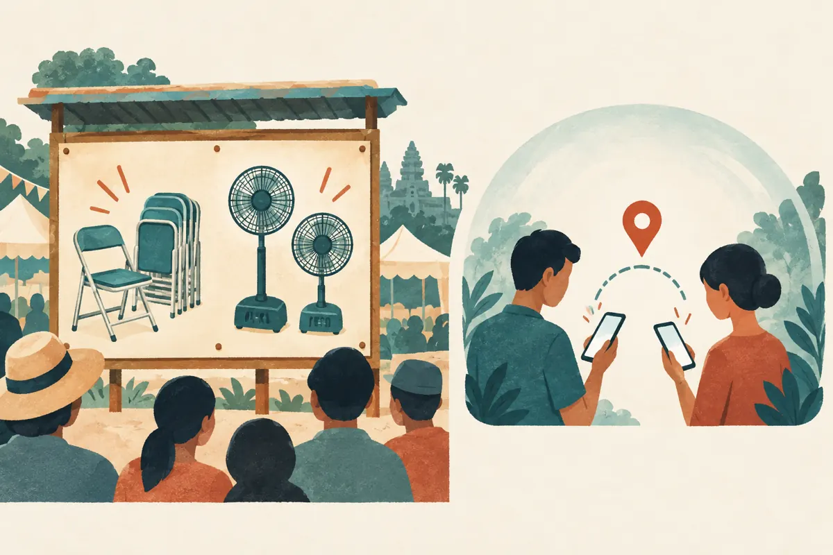 A public equipment noticeboard is separated from an illustration of two people exchanging a location privately.